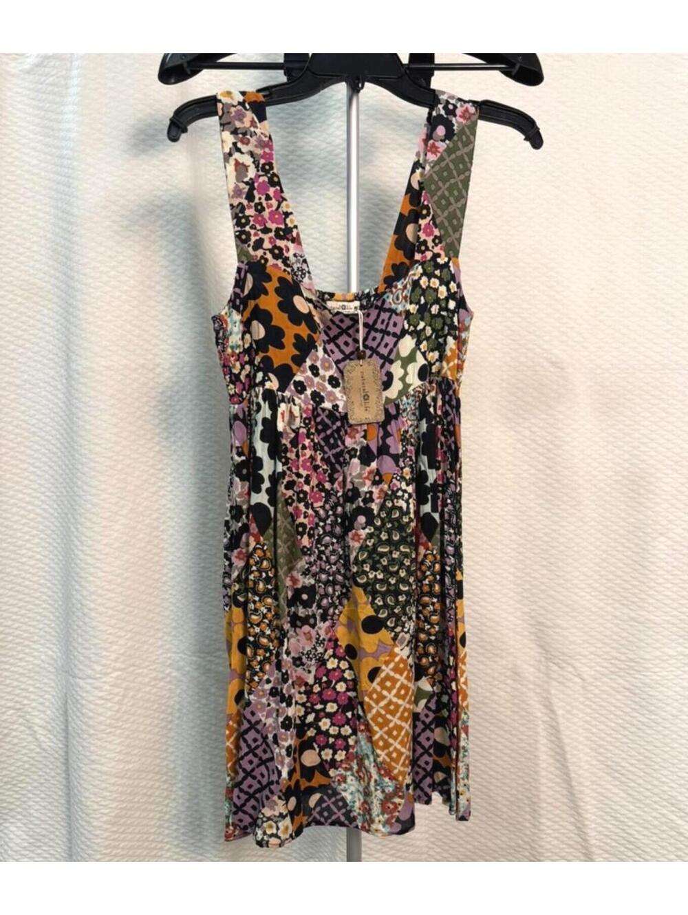 NATURAL LIFE TRICIA MINI DRESS XS/S BOHO Sun Dress Floral Diamonds Patchwork NWT - Picture 4 of 7